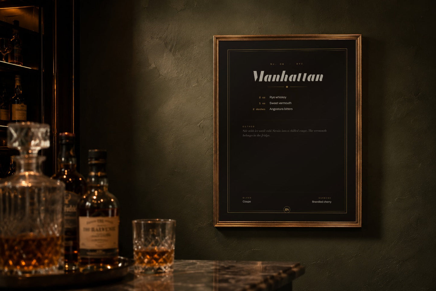 Manhattan Spec Print framed in a dark home bar
