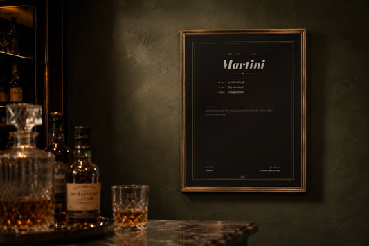 Martini Spec Print framed in a dark home bar
